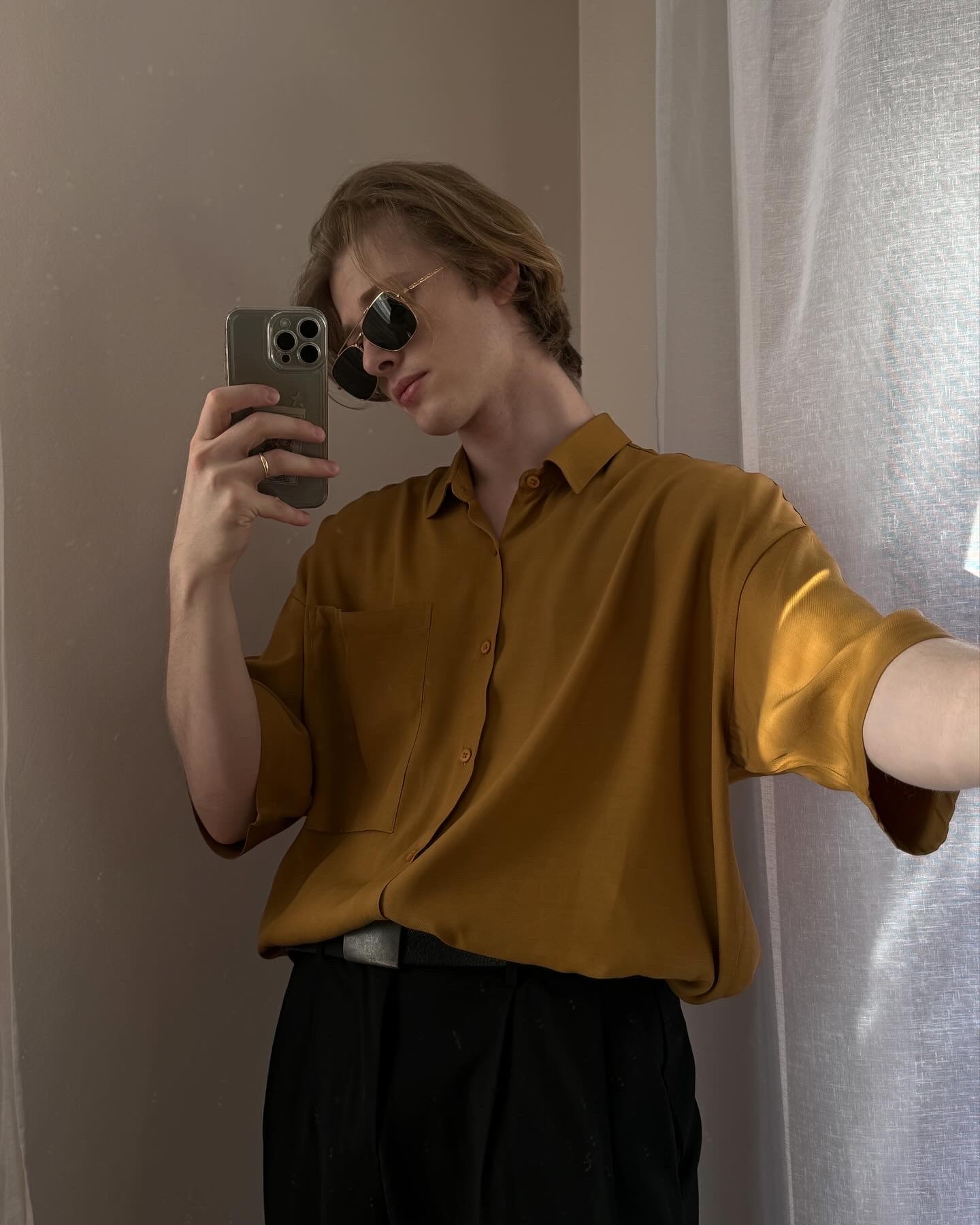 Mustard Color With Pocket Oversize Shirt