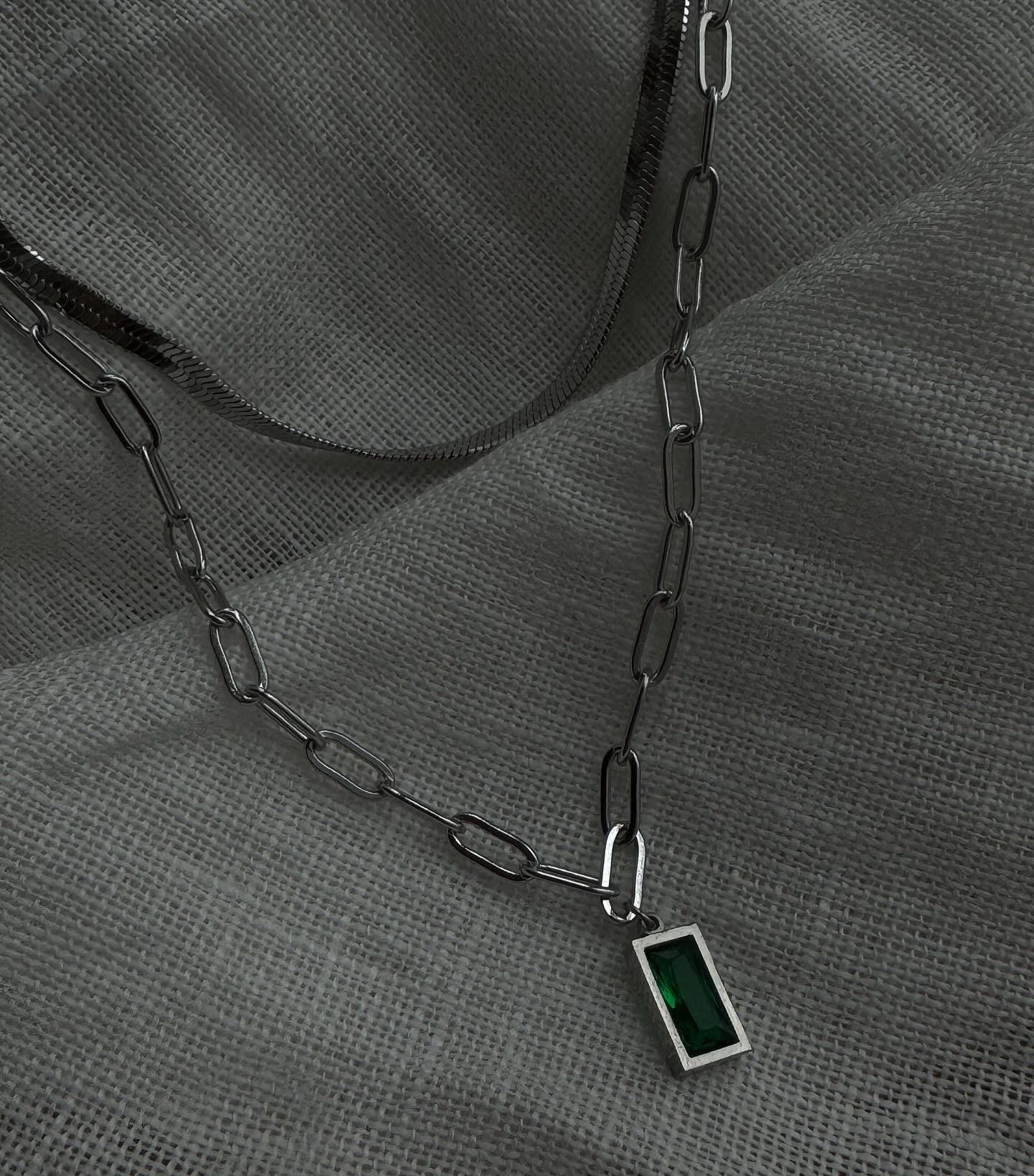 Silver Green Stone Chain Necklace 