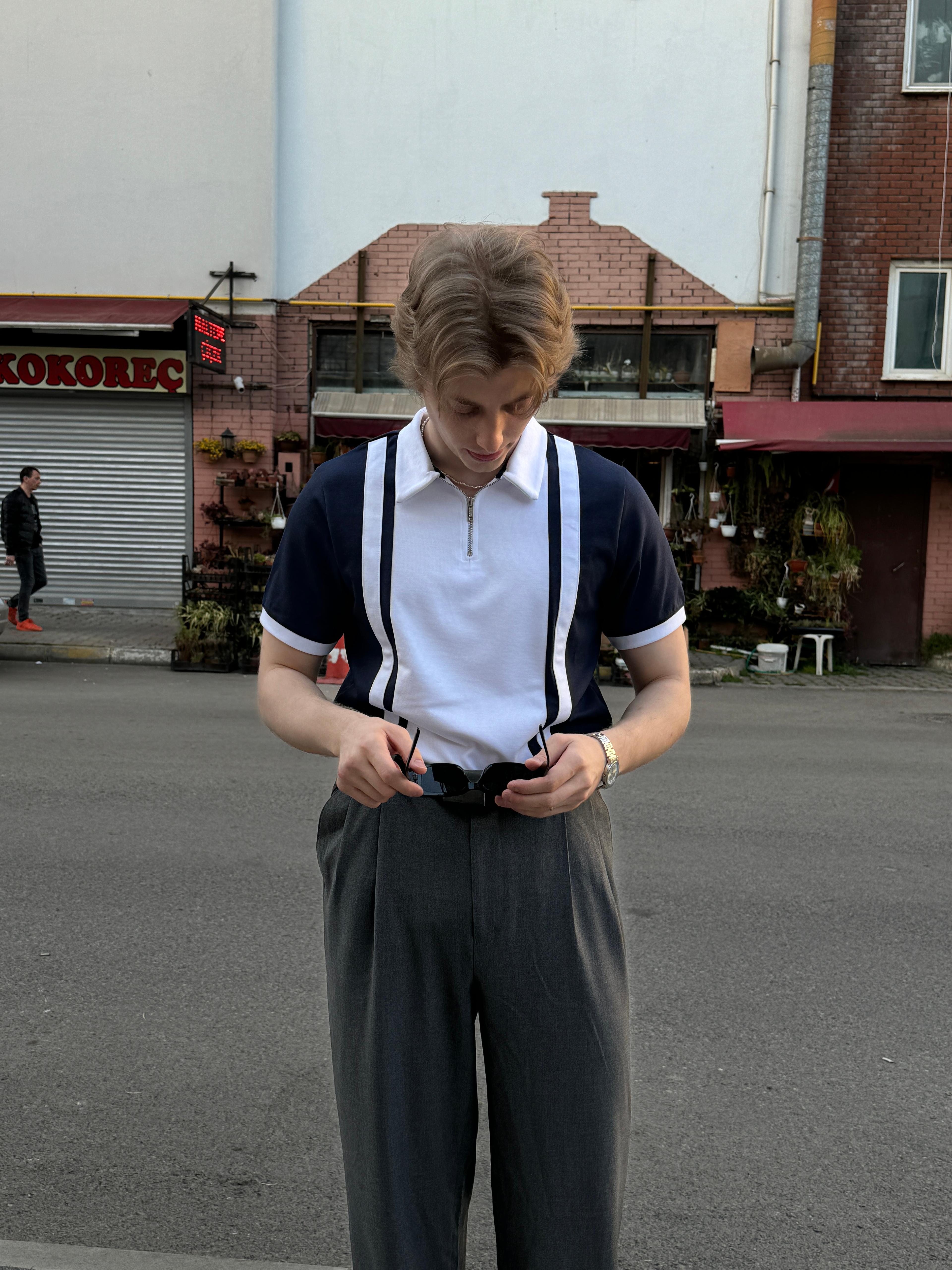 Navy Blue White Striped Polo Shirt