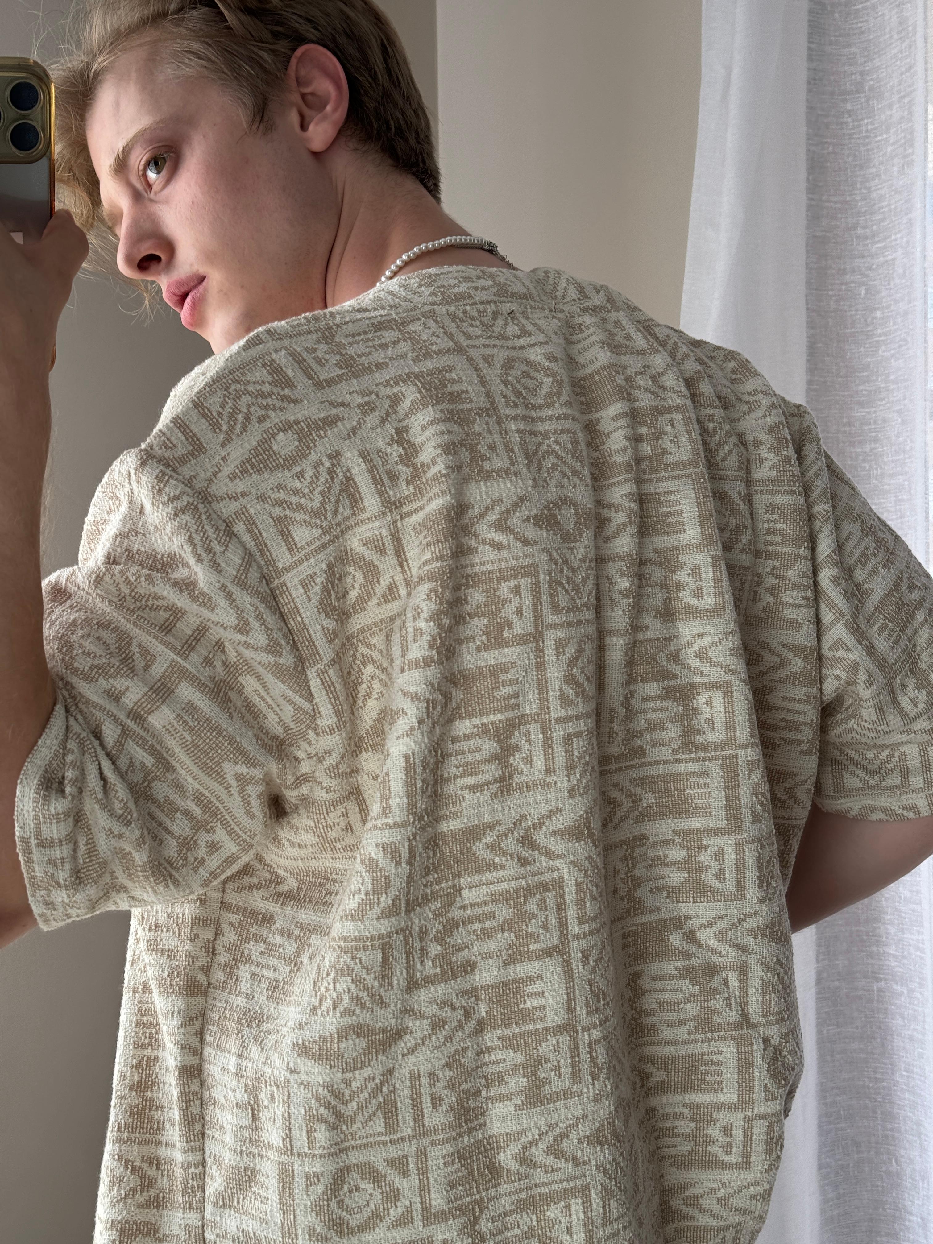 Beige-White Oversize Collarless Shirt