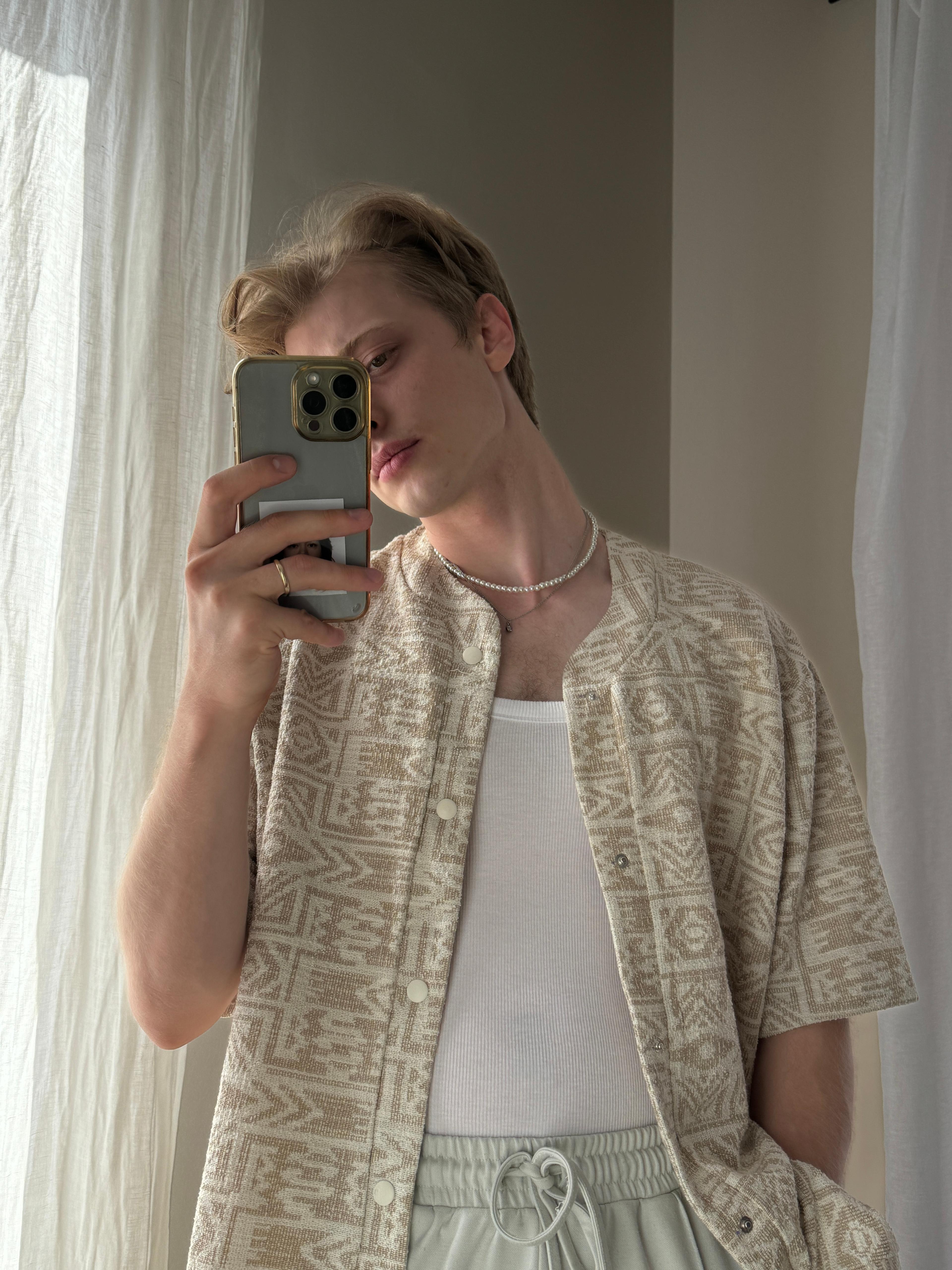 Beige-White Oversize Collarless Shirt