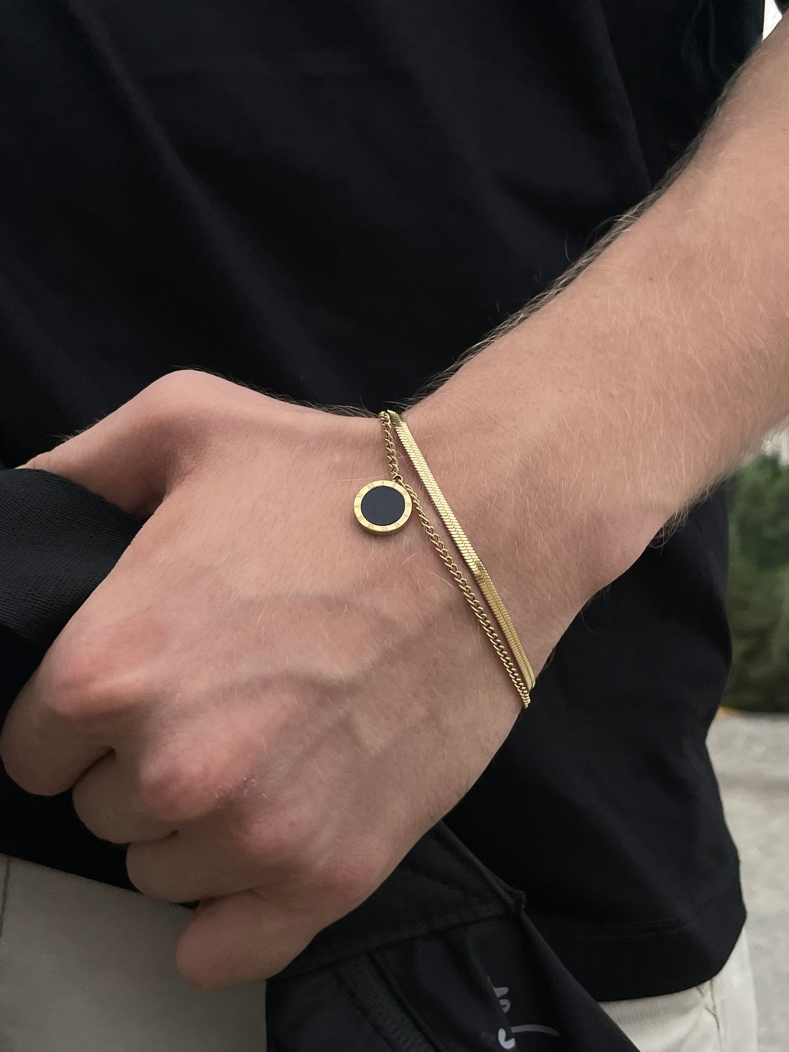 Gold Two Chaın Black Stone Bracelet