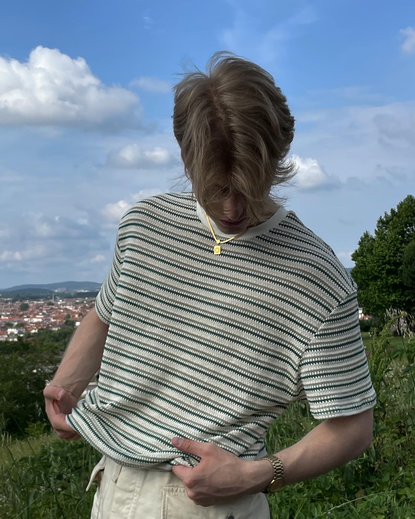 Green Striped Knitwear Oversize Tshirt 