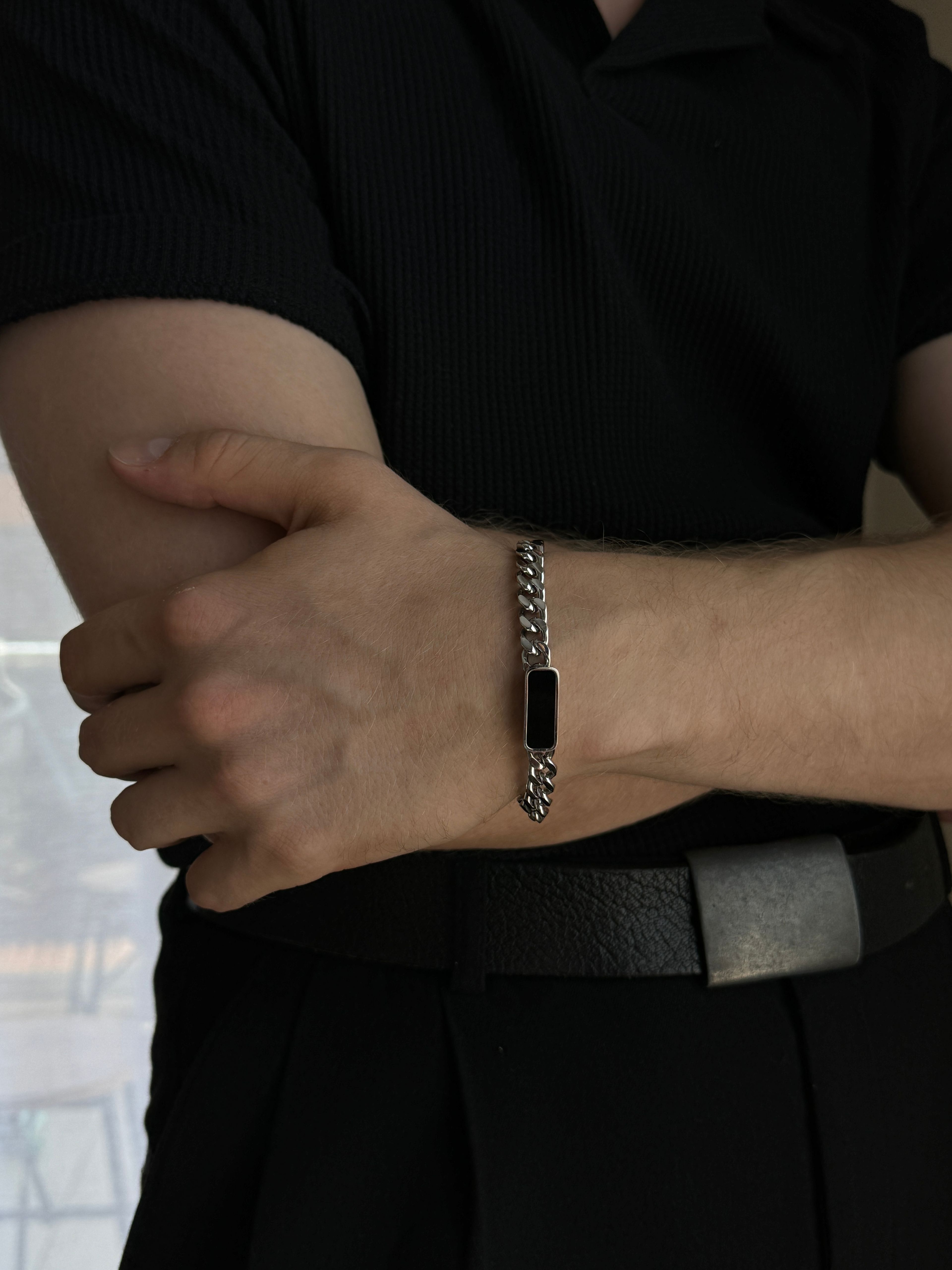 Silver Rectangle Black Stone Bracelet