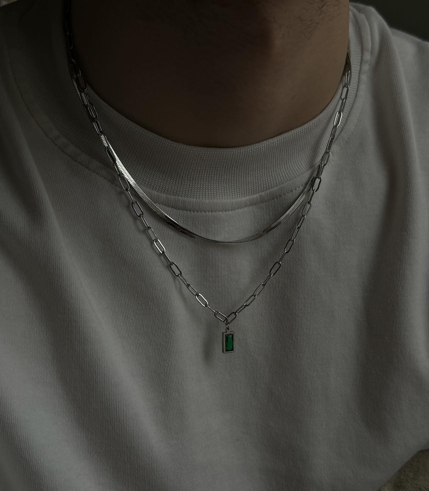 Silver Green Stone Chain Necklace 