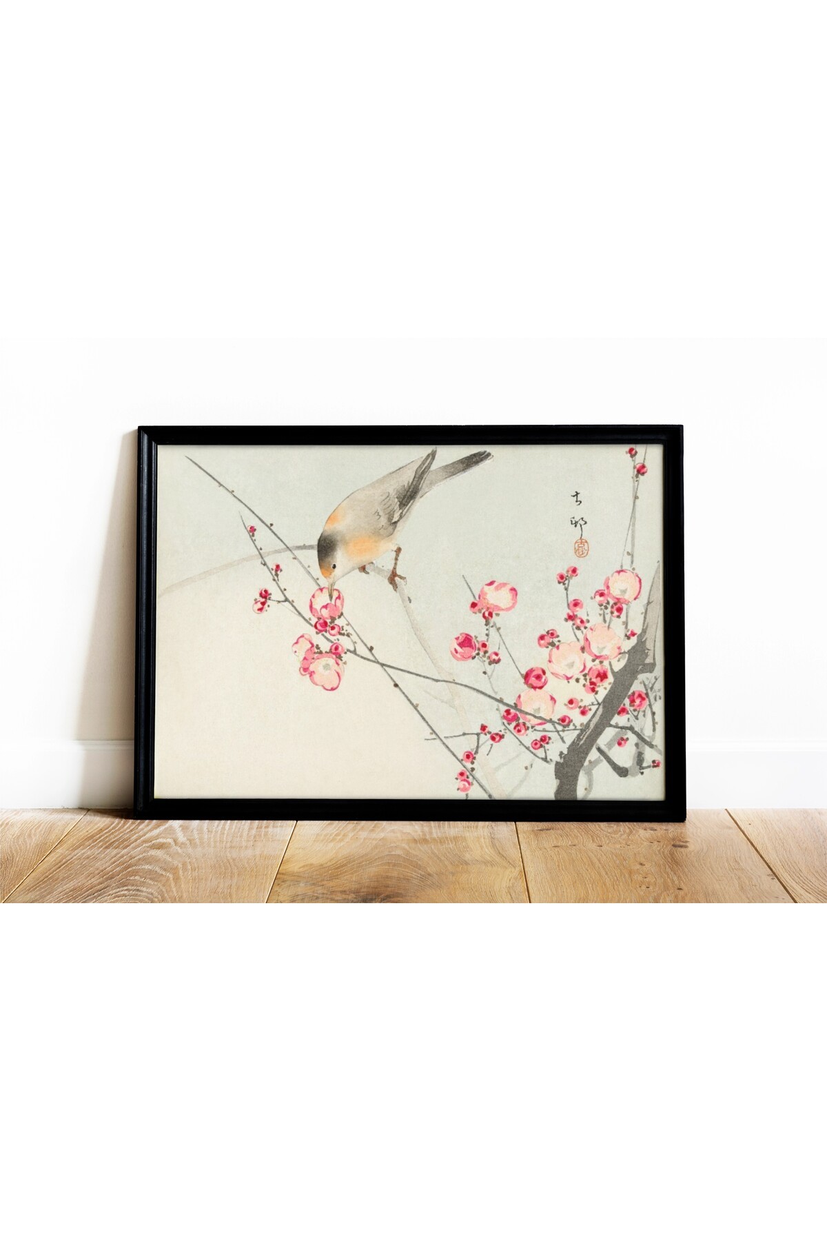 Ahşap Tablo Ohara Koson Songbird On Blossom Branch Dekoratif Tablo Premium Çerçeveli Tablo