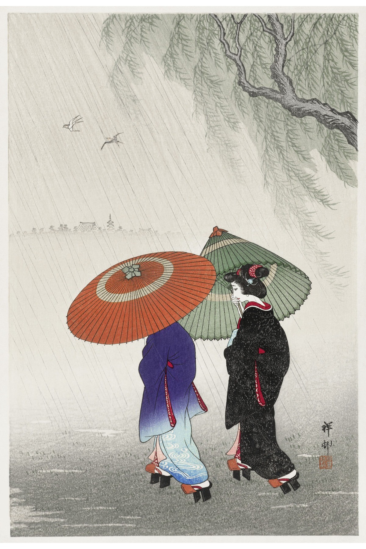 Ohara Koson Two Women İn The Rain (1925-1936) N7 ÇERÇEVESİZ Poster Japon Sanatı Klasikler