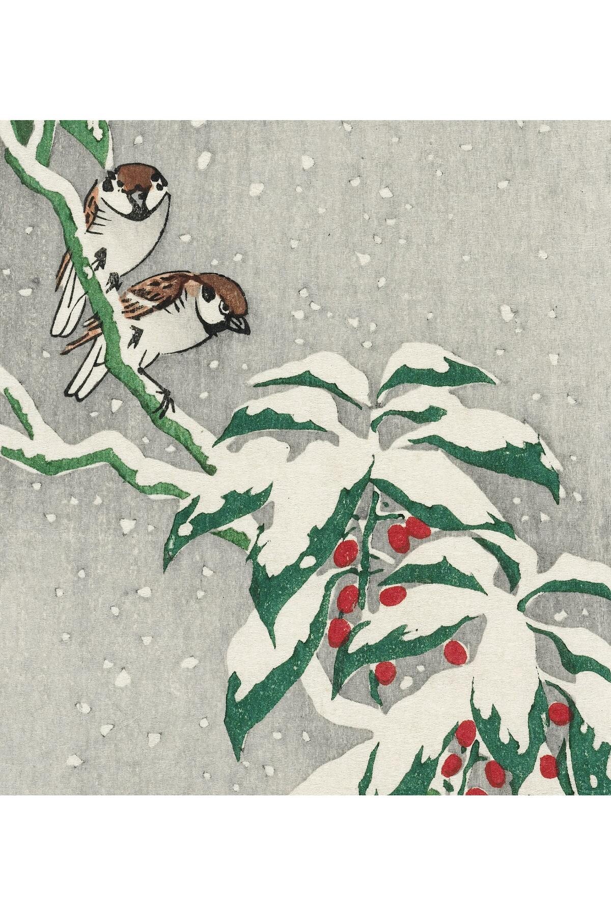 Ohara Koson Sparrows On Snowy Berry Bush (1900-1945) N23 ÇERÇEVESİZ Poster Japon Sanatı Klasikler