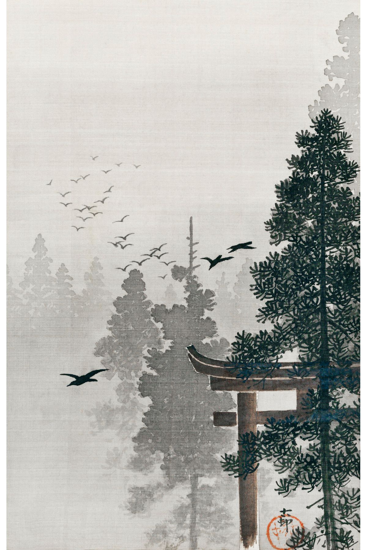 Ohara Flock Of Birds And A Torii Gate İn A Pine Tree Forest (1877-1945) N25 ÇERÇEVESİZ Poster