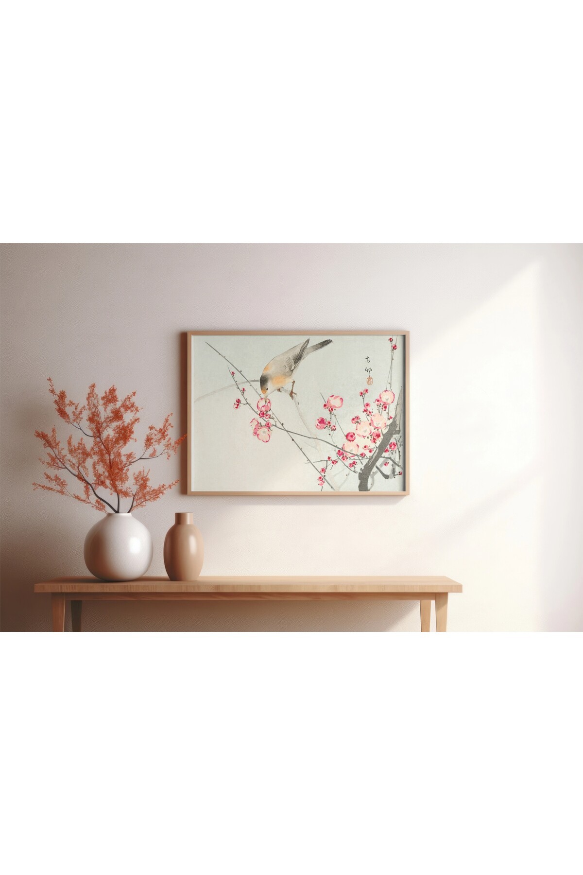 Ahşap Tablo Ohara Koson Songbird On Blossom Branch Dekoratif Tablo Premium Çerçeveli Tablo