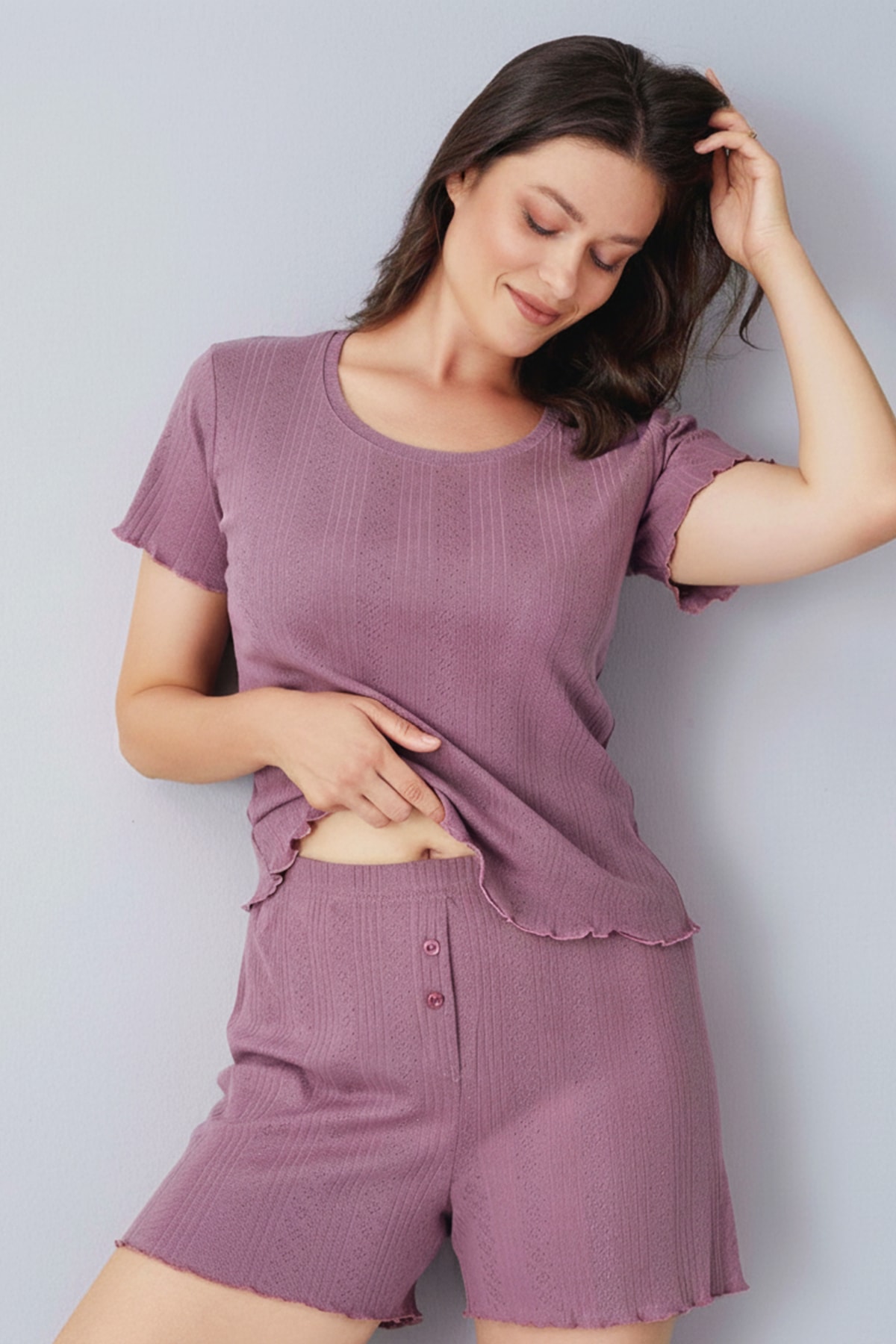 Saf %100 Pamuk Şortlu Pijama Kadın Takım - Mürdüm