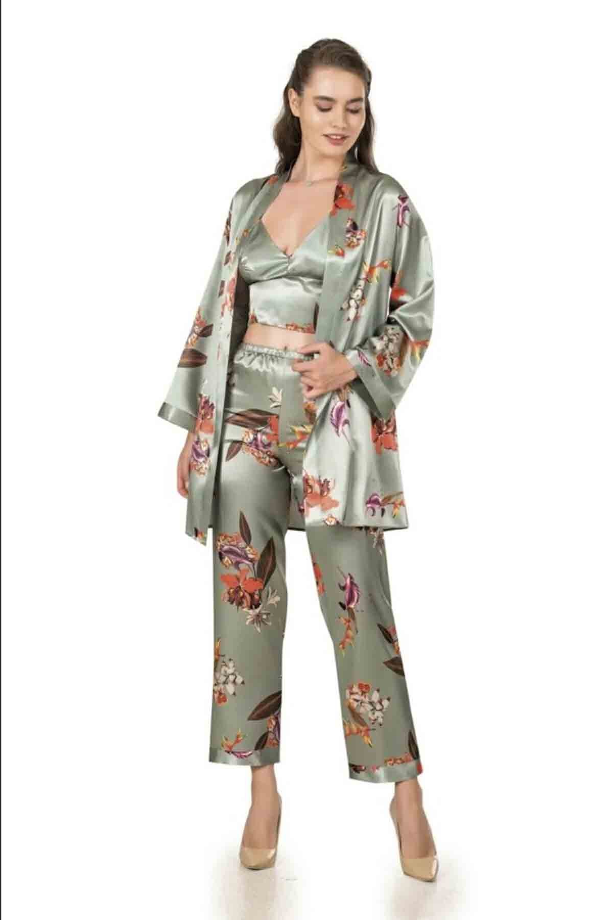 Yeşil Çiçek Desenli İpek Saten Kadın 3'lü Pijama Takımı