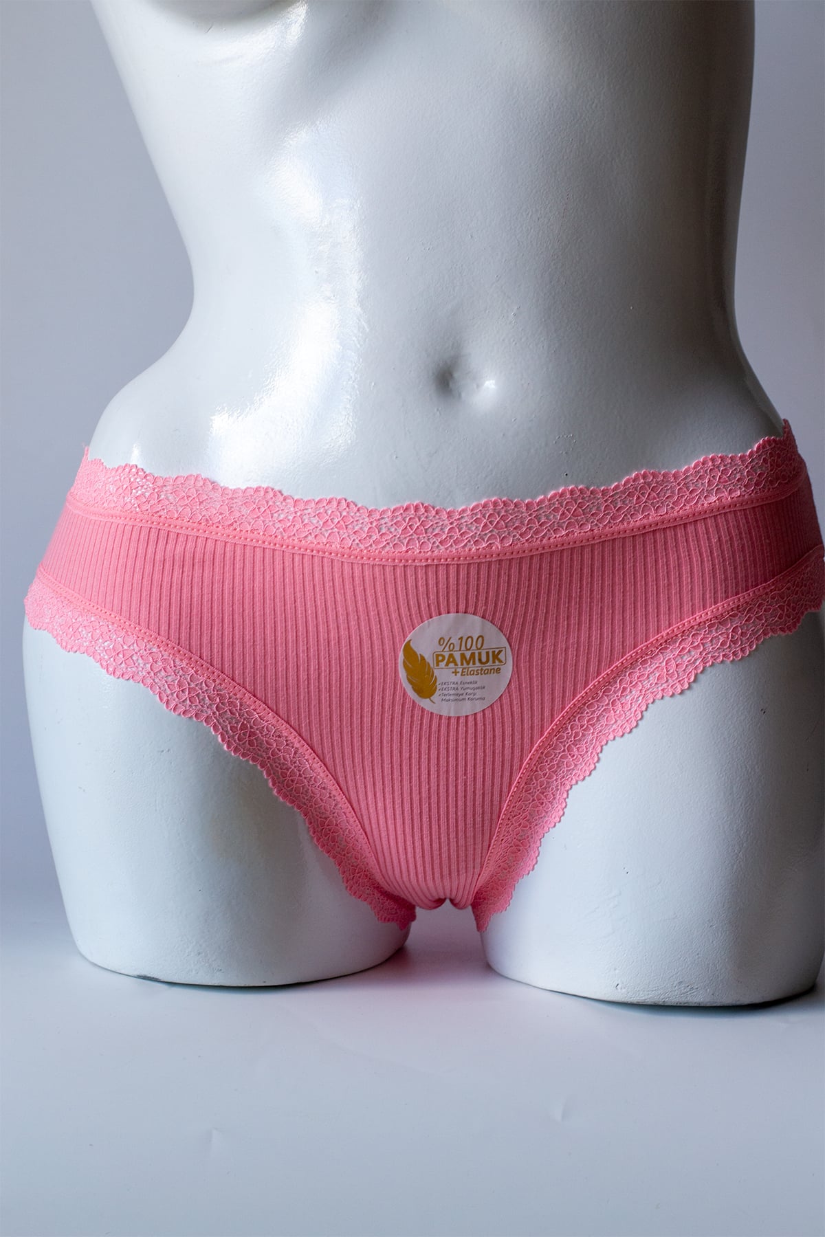 %100 Pamuk Ribana Bel Paça Dantel Kadın Bikini Külot - Pembe