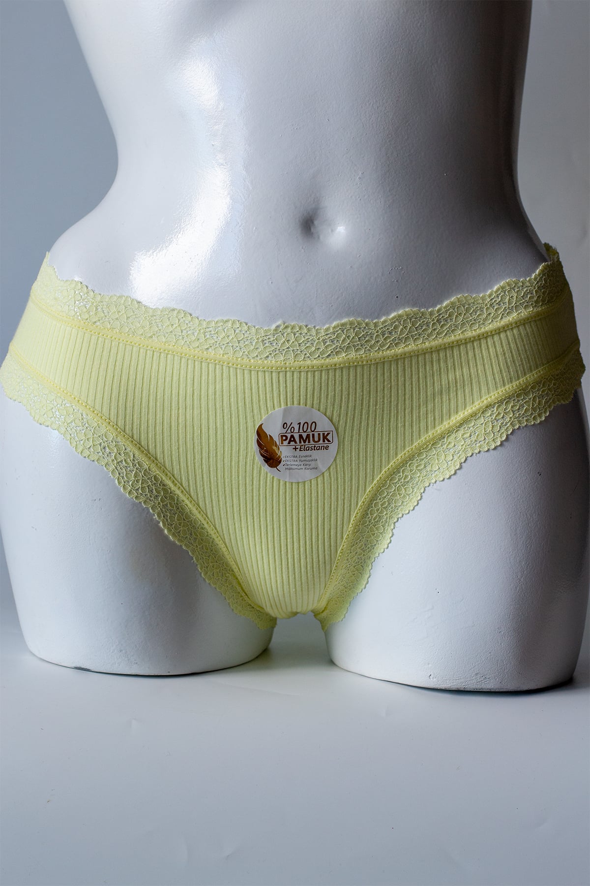 %100 Pamuk Ribana Bel Paça Dantel Kadın Bikini Külot - Sarı