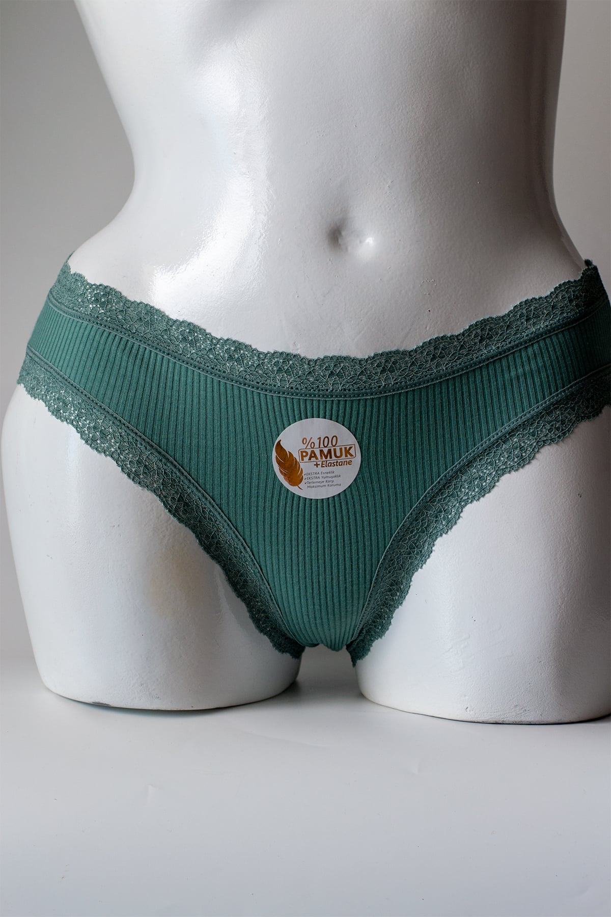 %100 Pamuk Ribana Bel Paça Dantel Kadın Bikini Külot - Yeşil