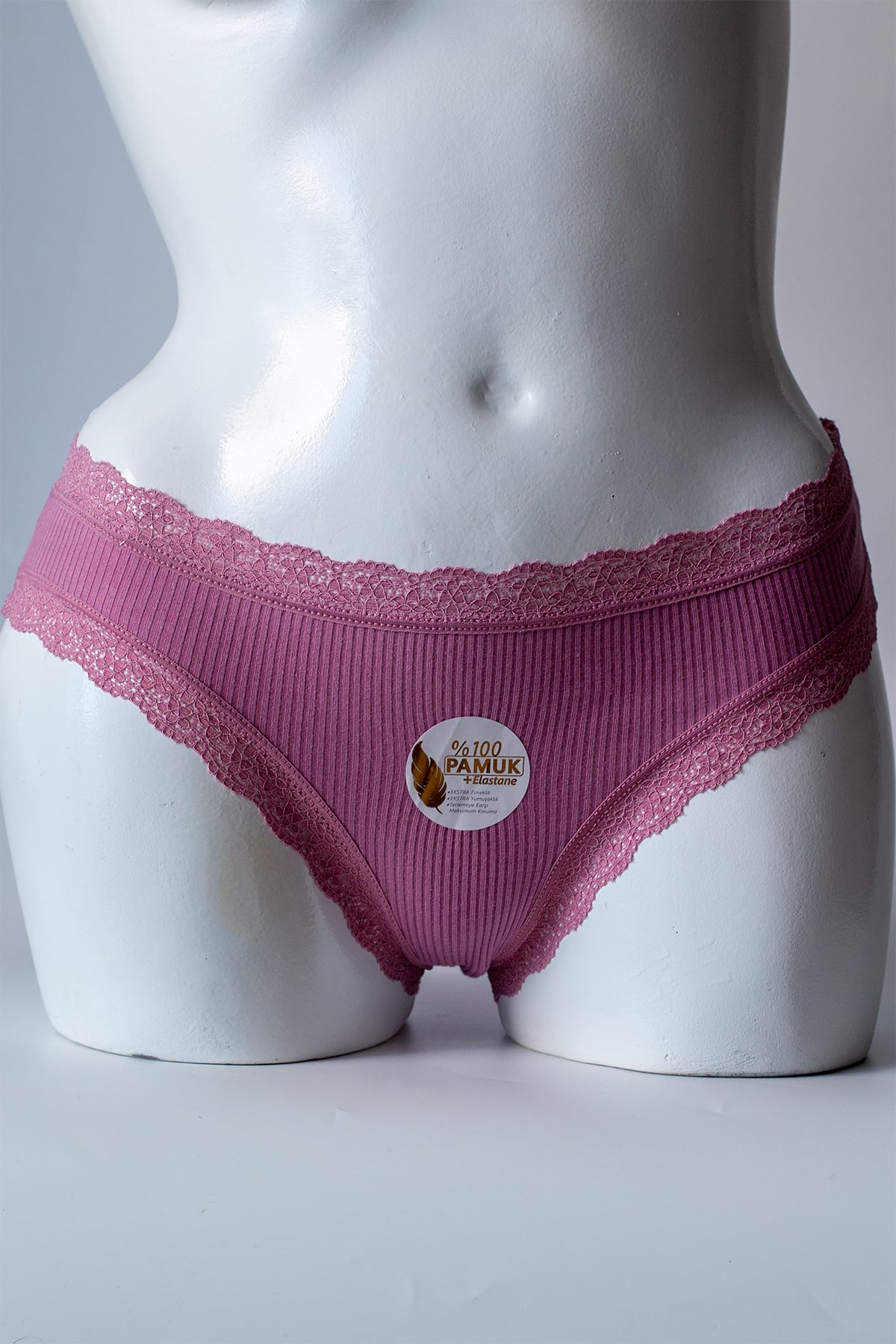 %100 Pamuk Ribana Bel Paça Dantel Kadın Bikini Külot - Mürdüm