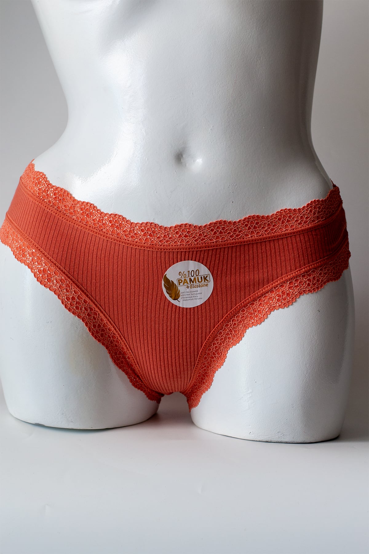 %100 Pamuk Ribana Bel Paça Dantel Kadın Bikini Külot - Turuncu