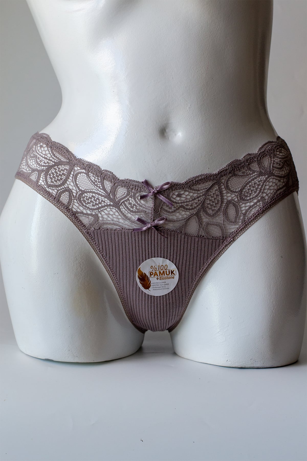 %100 Pamuklu Dantel Detaylı Ribana Kadın Bikini Külot - Gri