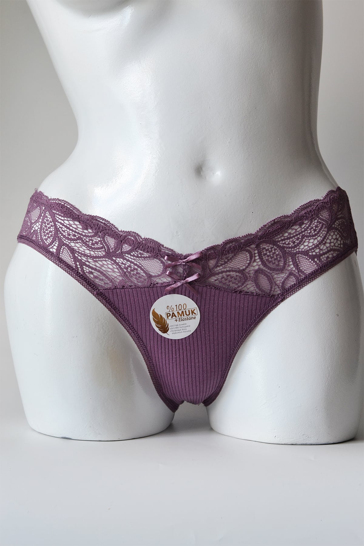 %100 Pamuklu Dantel Detaylı Ribana Kadın Bikini Külot - Mürdüm