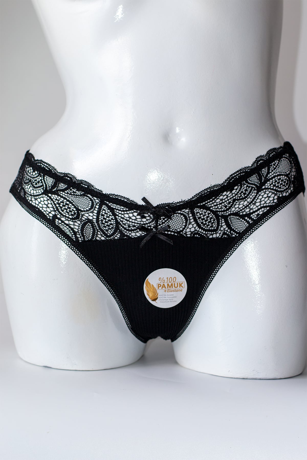 %100 Pamuklu Dantel Detaylı Ribana Kadın Bikini Külot - Siyah