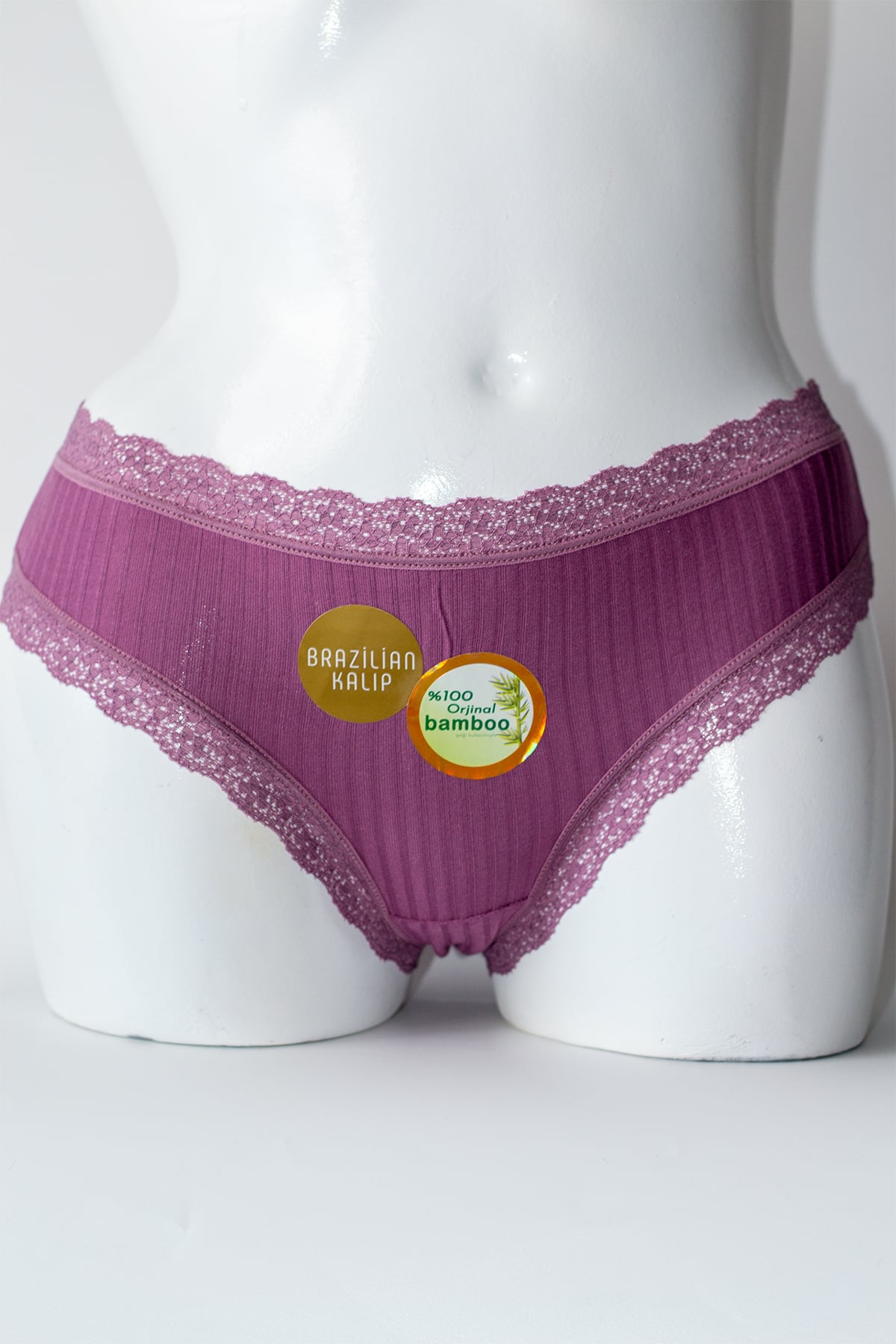 % 100 Bambu Bel Paça Dantel Brezilian Kesim Kadın Külot - Mürdüm