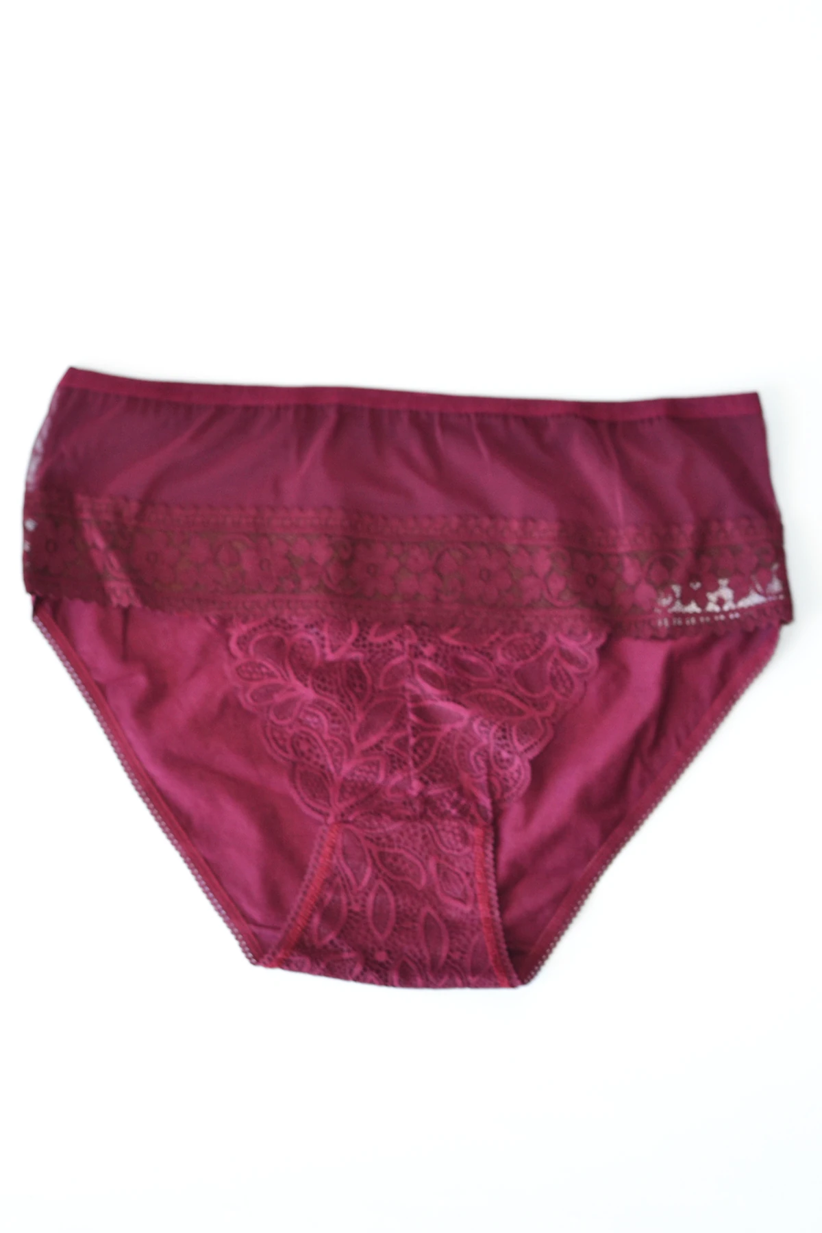Büyük Beden Önü Dantelli Arkası Pamuklu Yüksek Bel Kadın Külot - Bordo