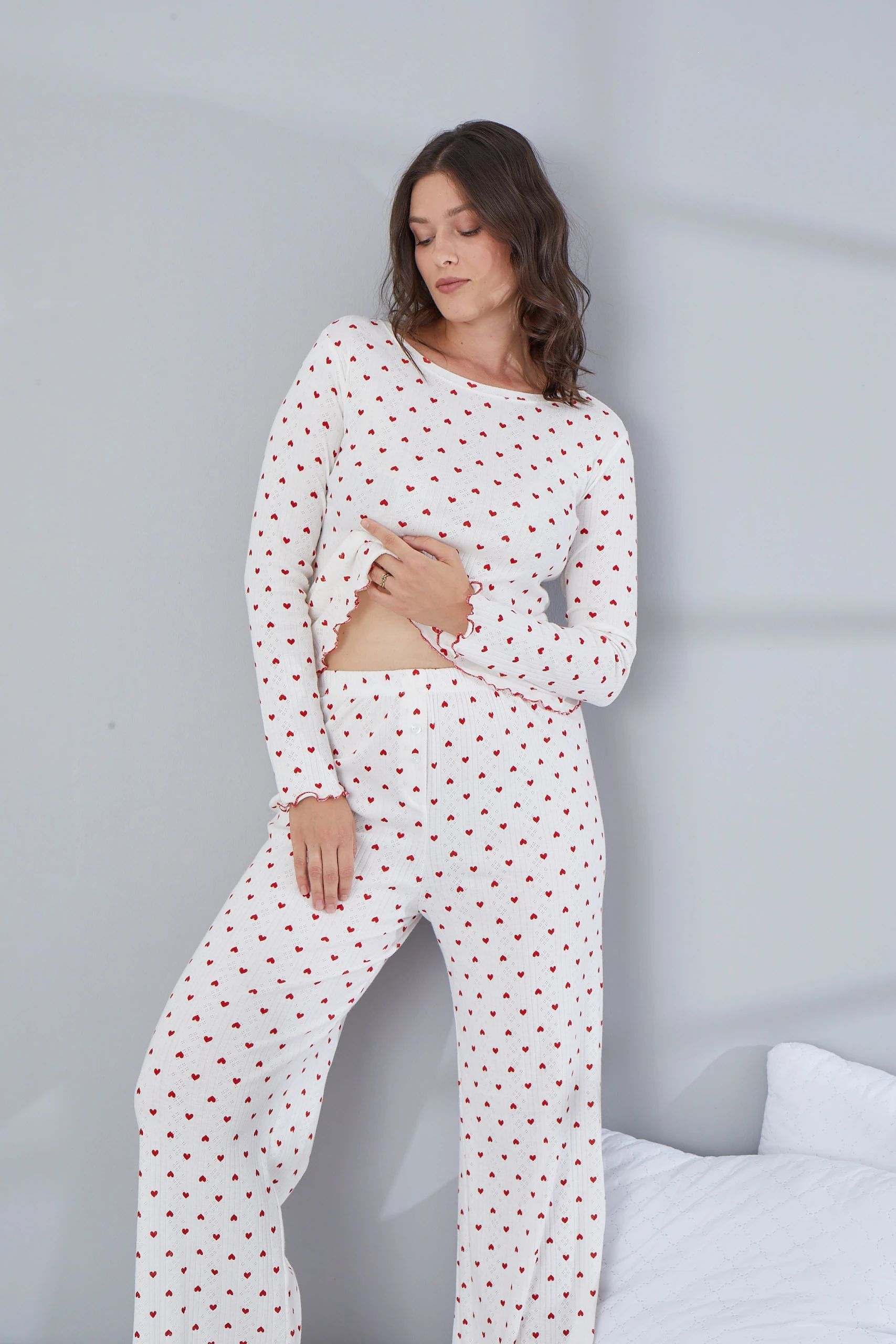 Saf %100 Pamuk Uzun Kol Kadın Pijama Takımı