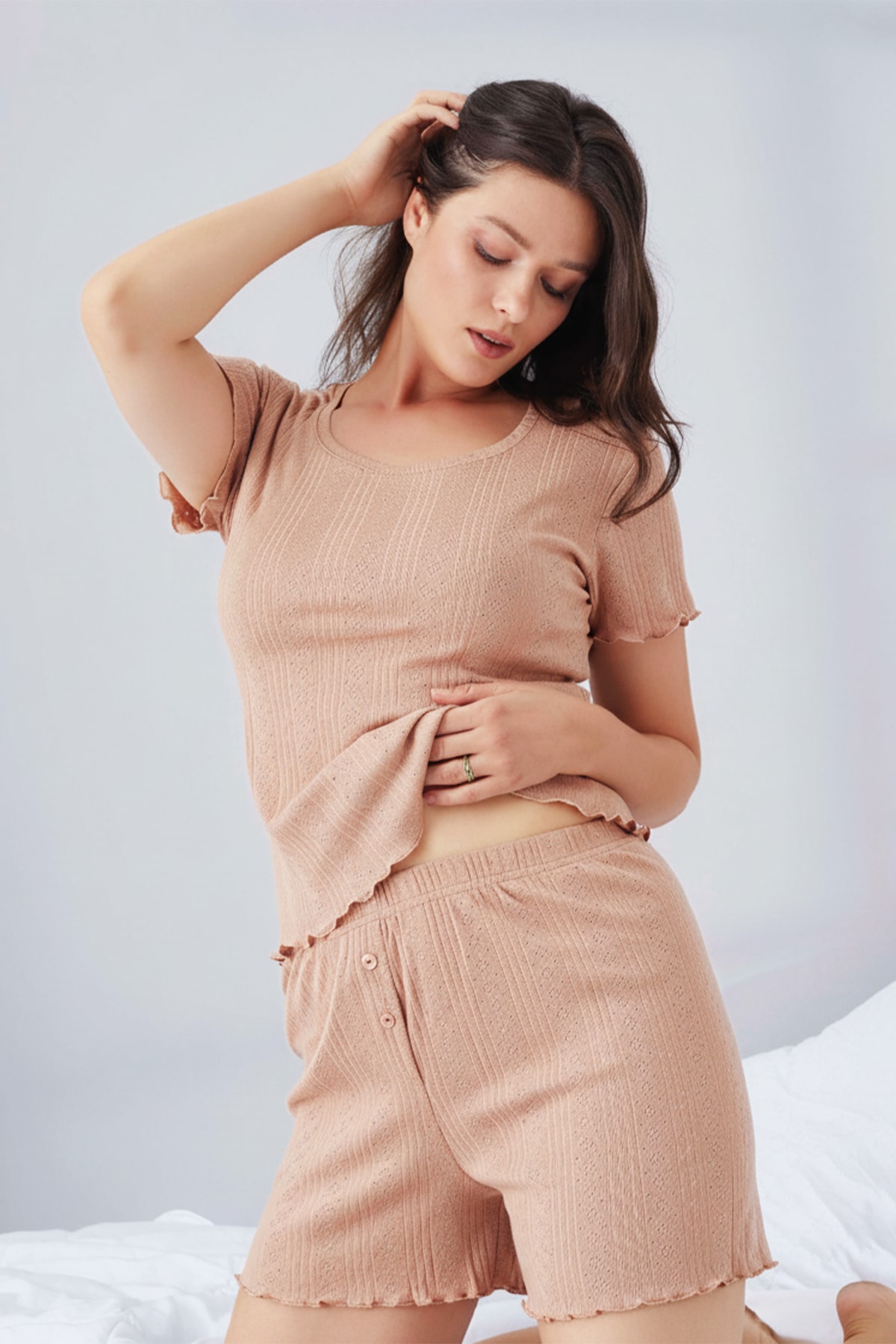 Saf %100 Pamuk Şortlu Pijama Kadın Takım - Cappicino