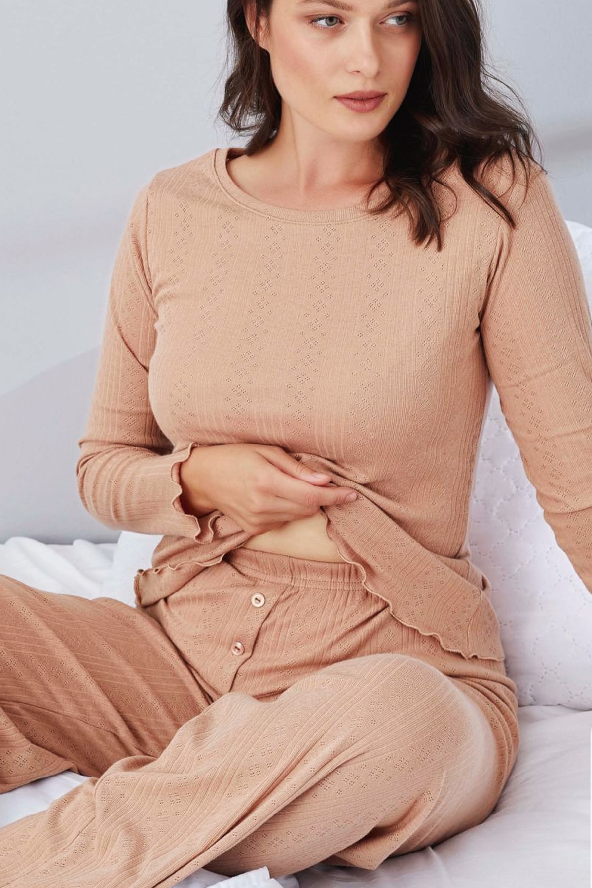 Saf %100 Pamuk Uzun Kol Kadın Pijama Takımı - Cappicino
