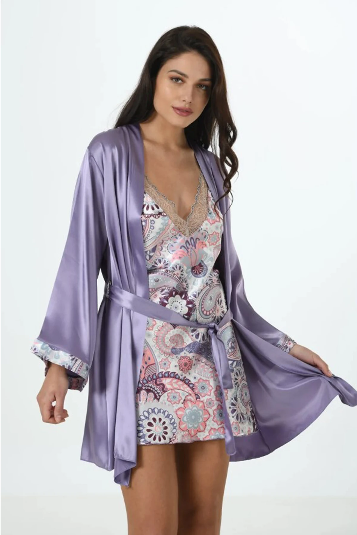 Leylak İpek Saten Kadın Kısa Gecelik Sabahlık Takımı