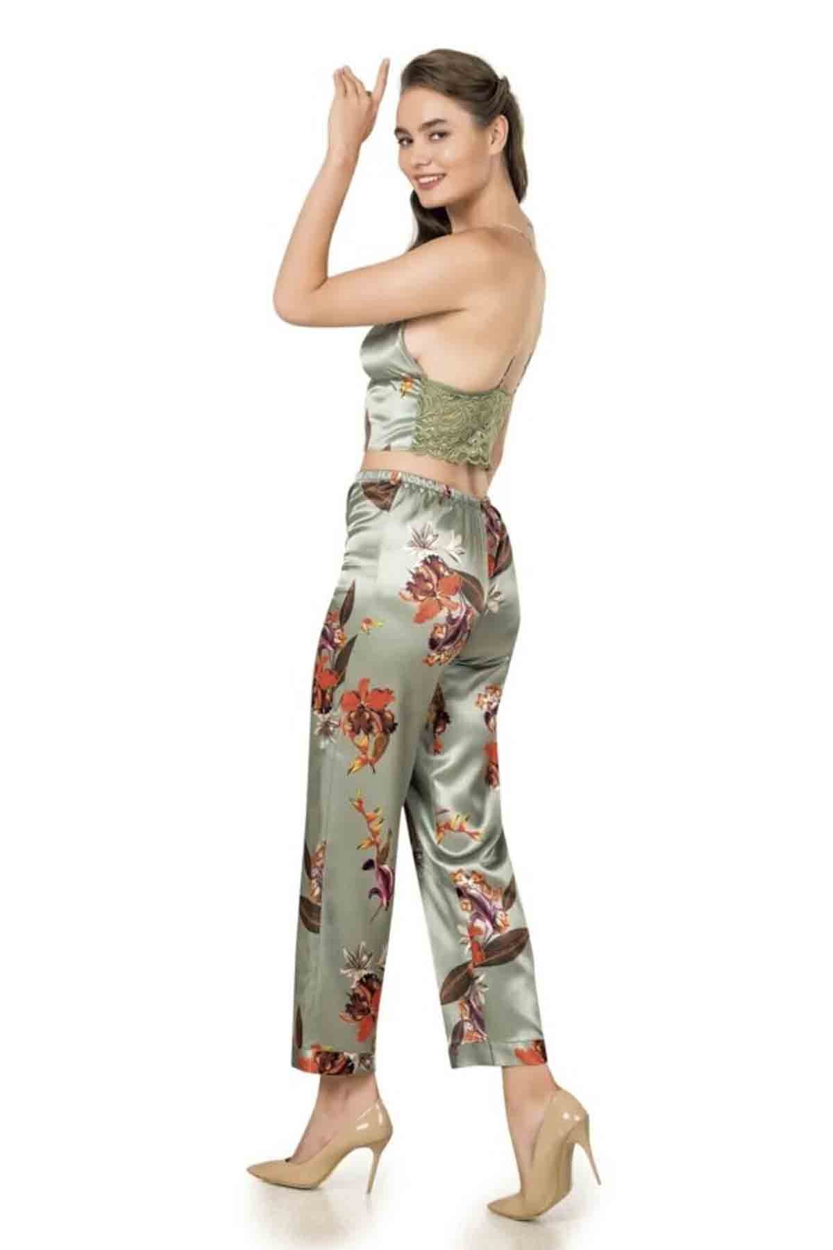 Yeşil Çiçek Desenli İpek Saten Kadın 3'lü Pijama Takımı