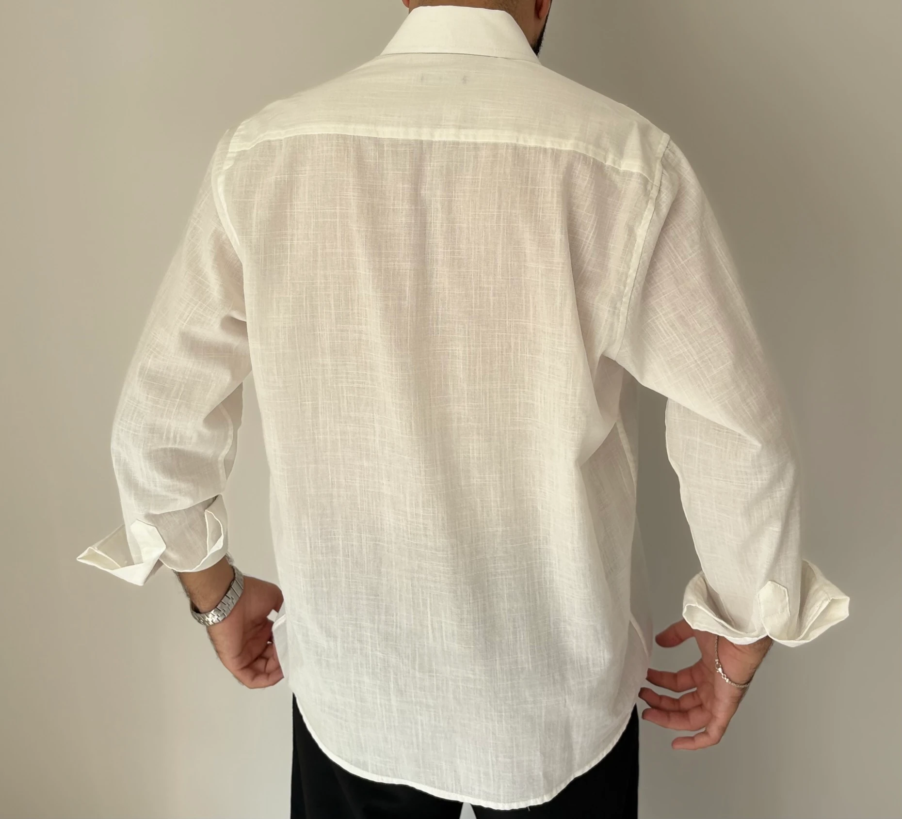 Zeron Klasik Rahat Kalıp Keten Ekru Gömlek