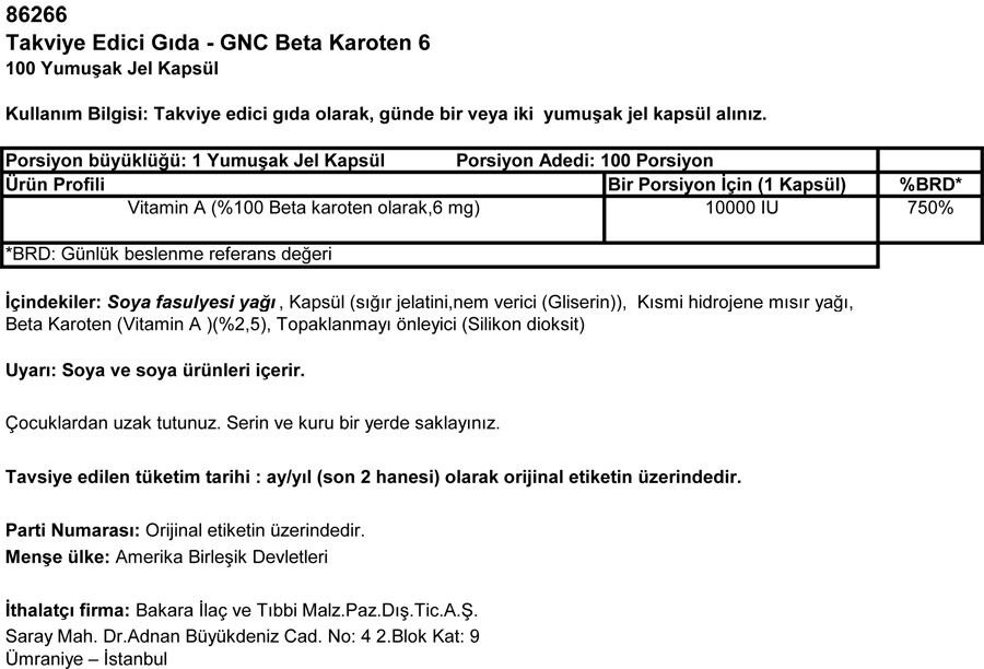 GNC Beta Carotene 6 Mg - 100 Kapsül MİAD 02/17