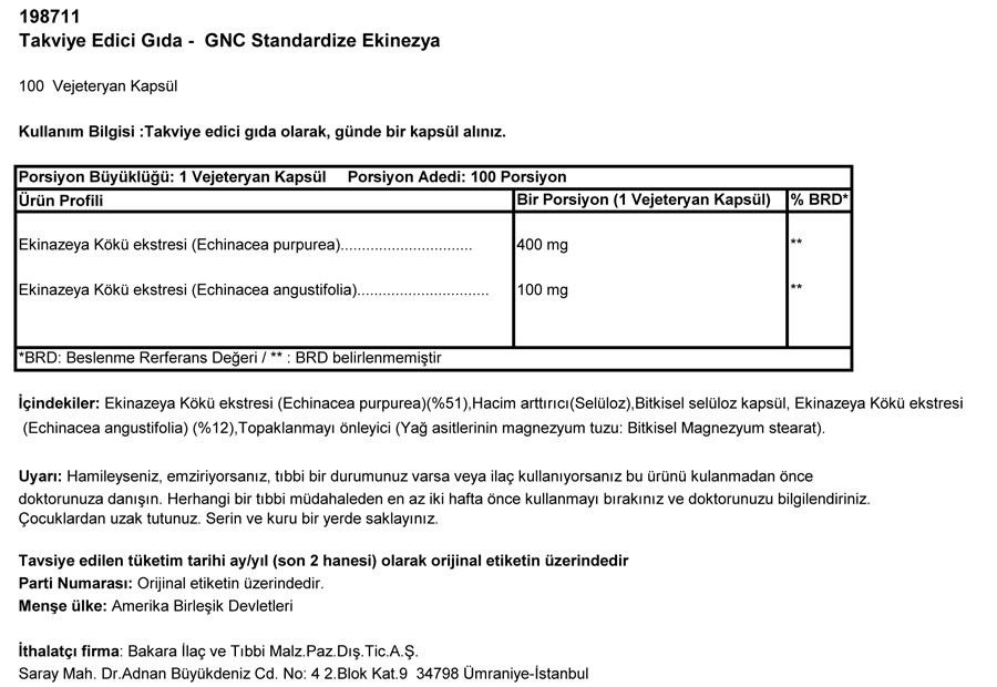 GNC ECHINACEA EXTRACT 500mg - 100 Kapsül MİAD 01/17