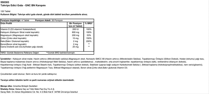 GNC BN FORMULA 120 Tablet MİAD 06/17