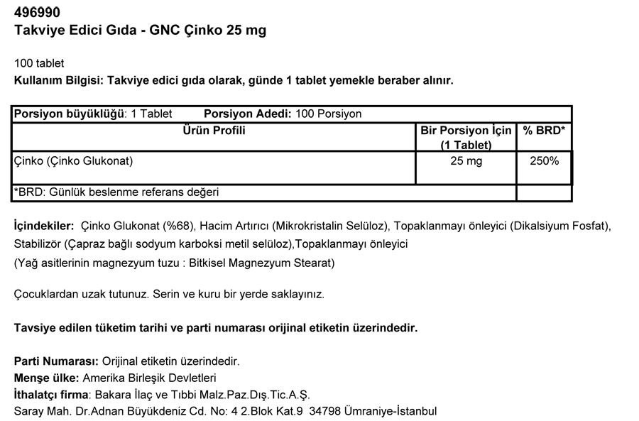 GNC Zinc 25 Mg  - 100 tablet MİAD 09/2016