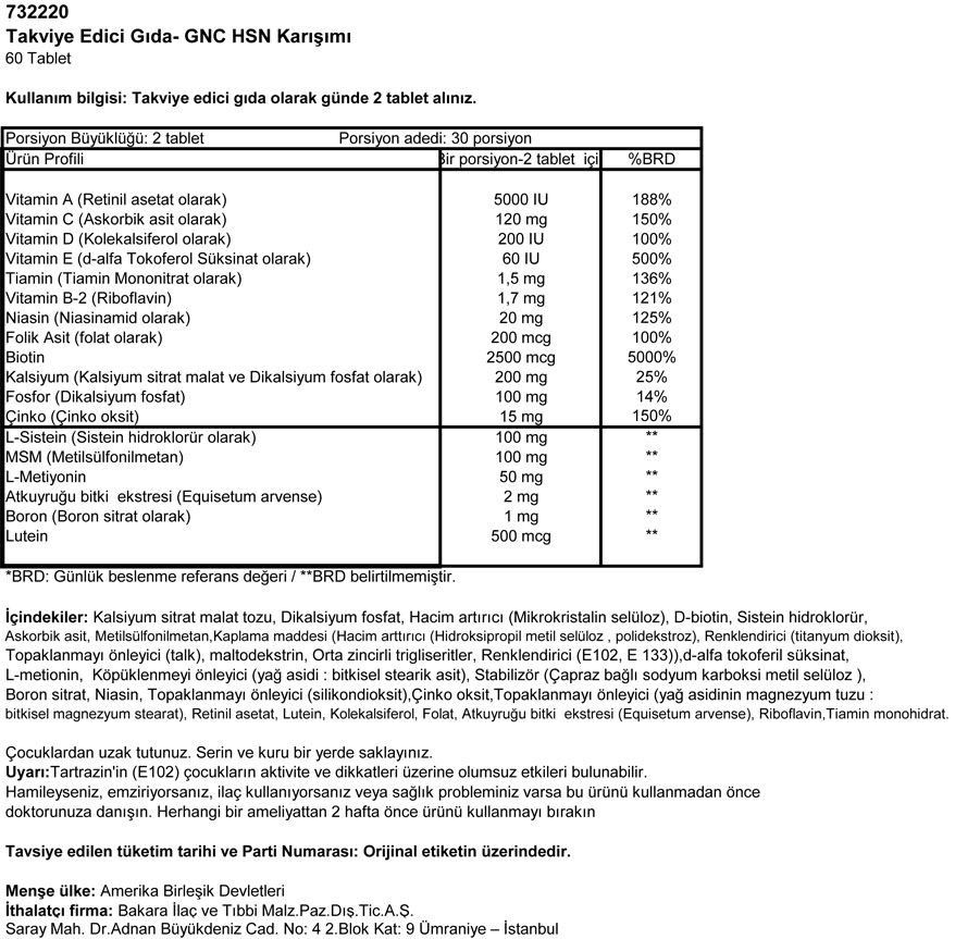GNC HSN FORMULA -  60 tablet MİAD 18/08/2016