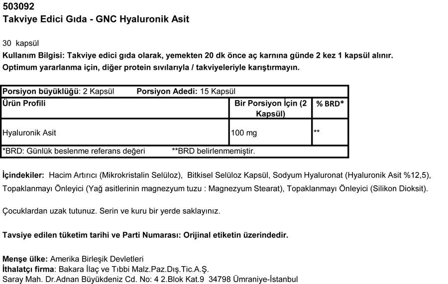 GNC Hyaluronic Acid  - 30 Kapsül MİAD 09/2017