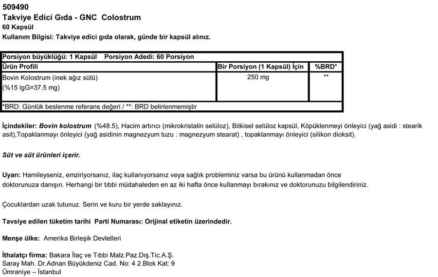 GNC Colostrum 250 mg - 60 Kapsül MİAD 09/2017