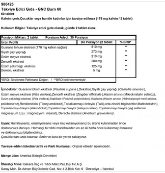 BURN 60 TABLET MİAD 01/10/2017