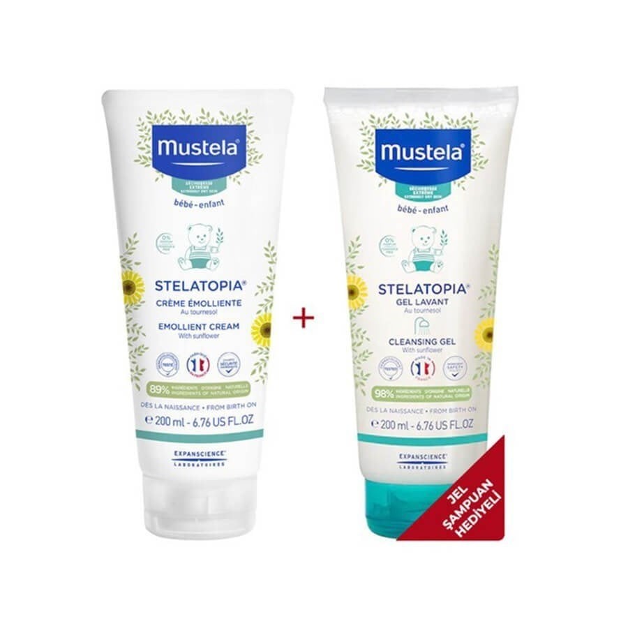 Mustela Stelatopia Emollient Cream 200 ml yanında Stelatopia Jel Şampuan 200 ml Hediyeli Set