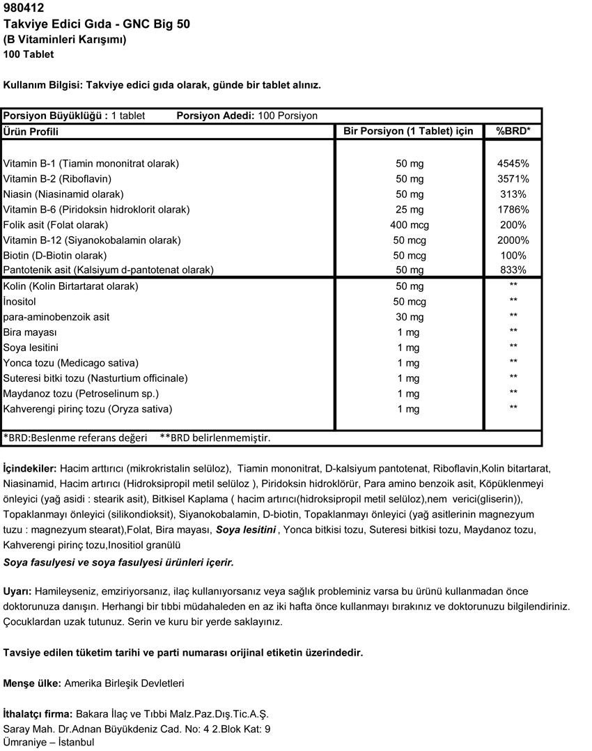 GNC BIG 50 B COMPLEX  - 100 Tablet MİAD 09/2016
