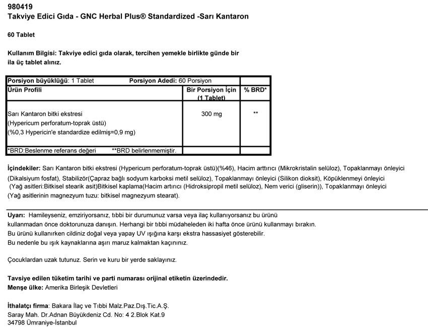 GNC ST. JOHNS WORT 300 mg - 60 tablet MİAD 06/17