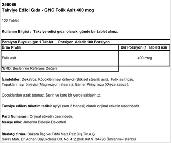 GNC Folic Acid 400 mcg 100 Tablet MİAD 01/18