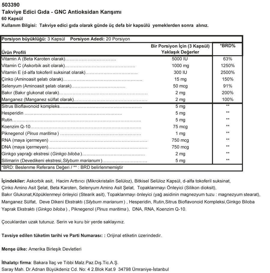 GNC Antioxidant Formula -  60 Kapsül MİAD 28/04/2017