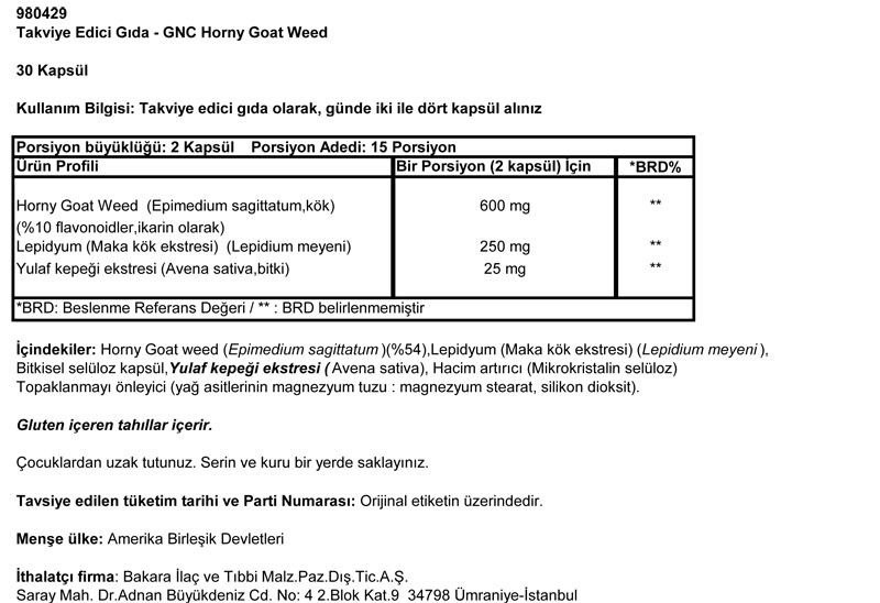 GNC HORNY GOAT WEED - 30 Kapsül