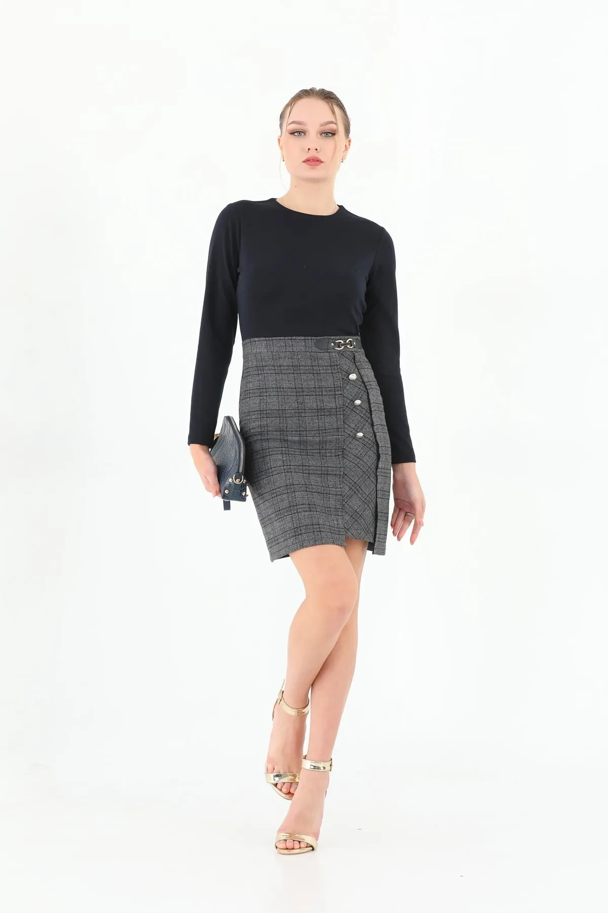 etselements X Modapo Kadın Düğme Detaylı Etek Kısmı Ekoseli Mini Ofis Elbise ETS6690