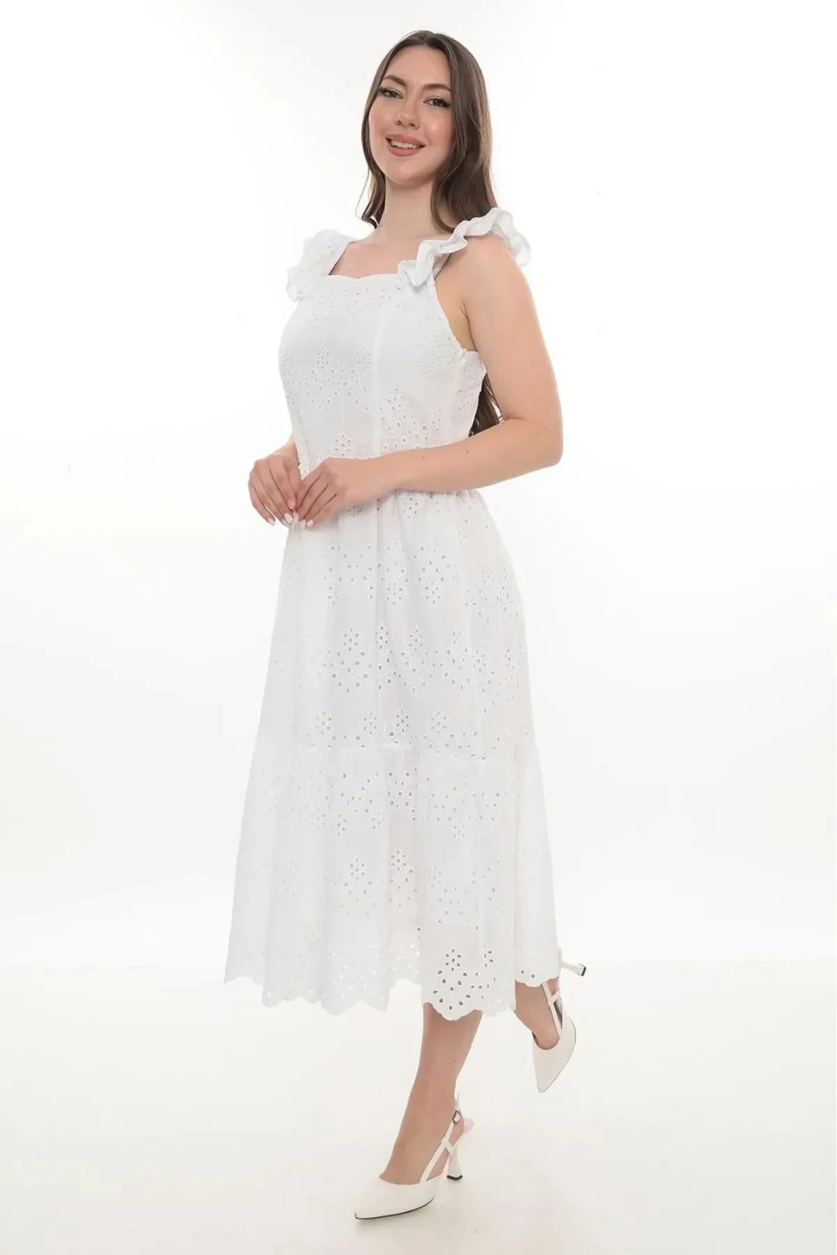 Kare Yaka Astarlı Vual Kolsuz Elbise