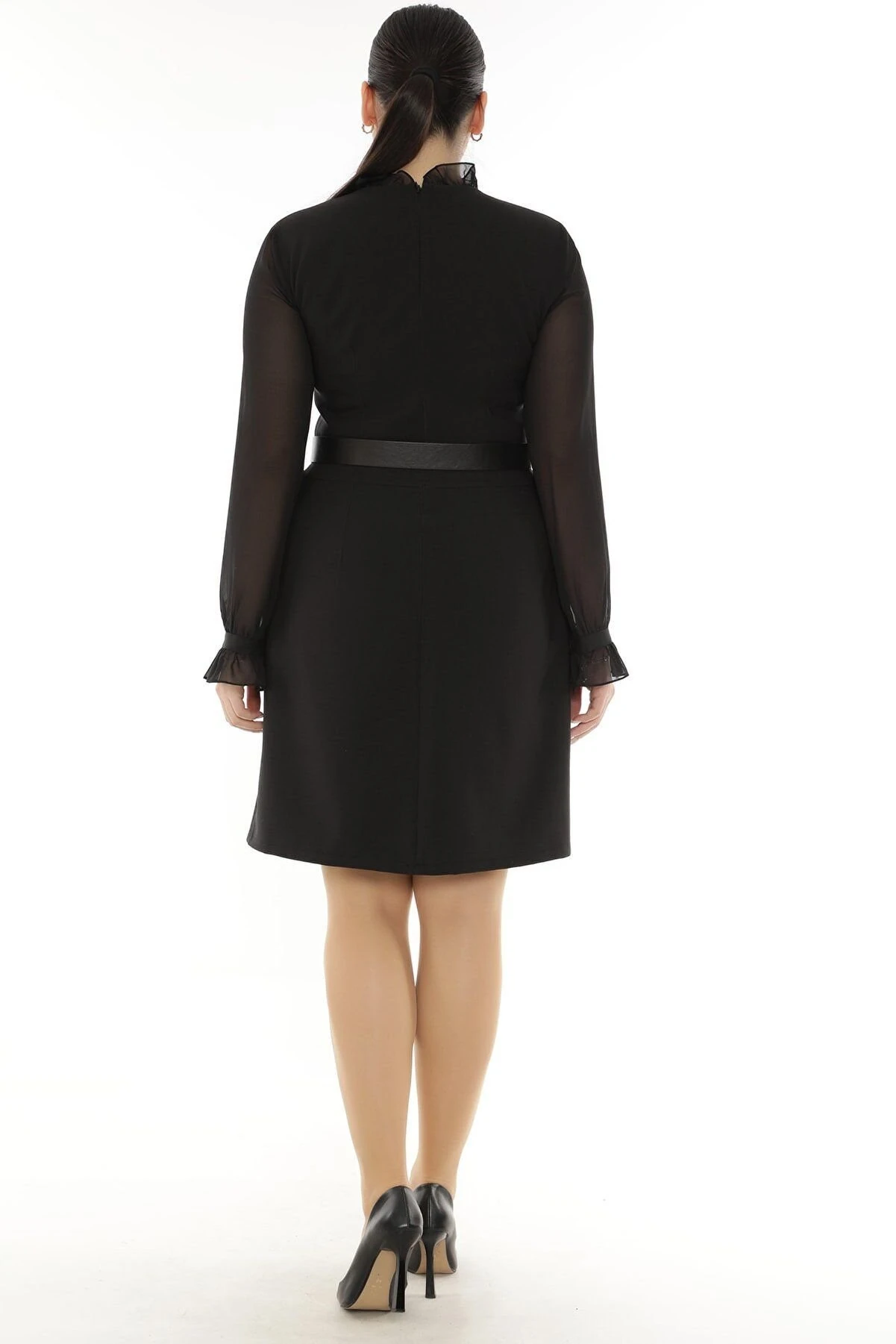 etselements Kol Kısmı Şifon Detaylı Önü Düğmeli Kemerli Elbise ETS9165