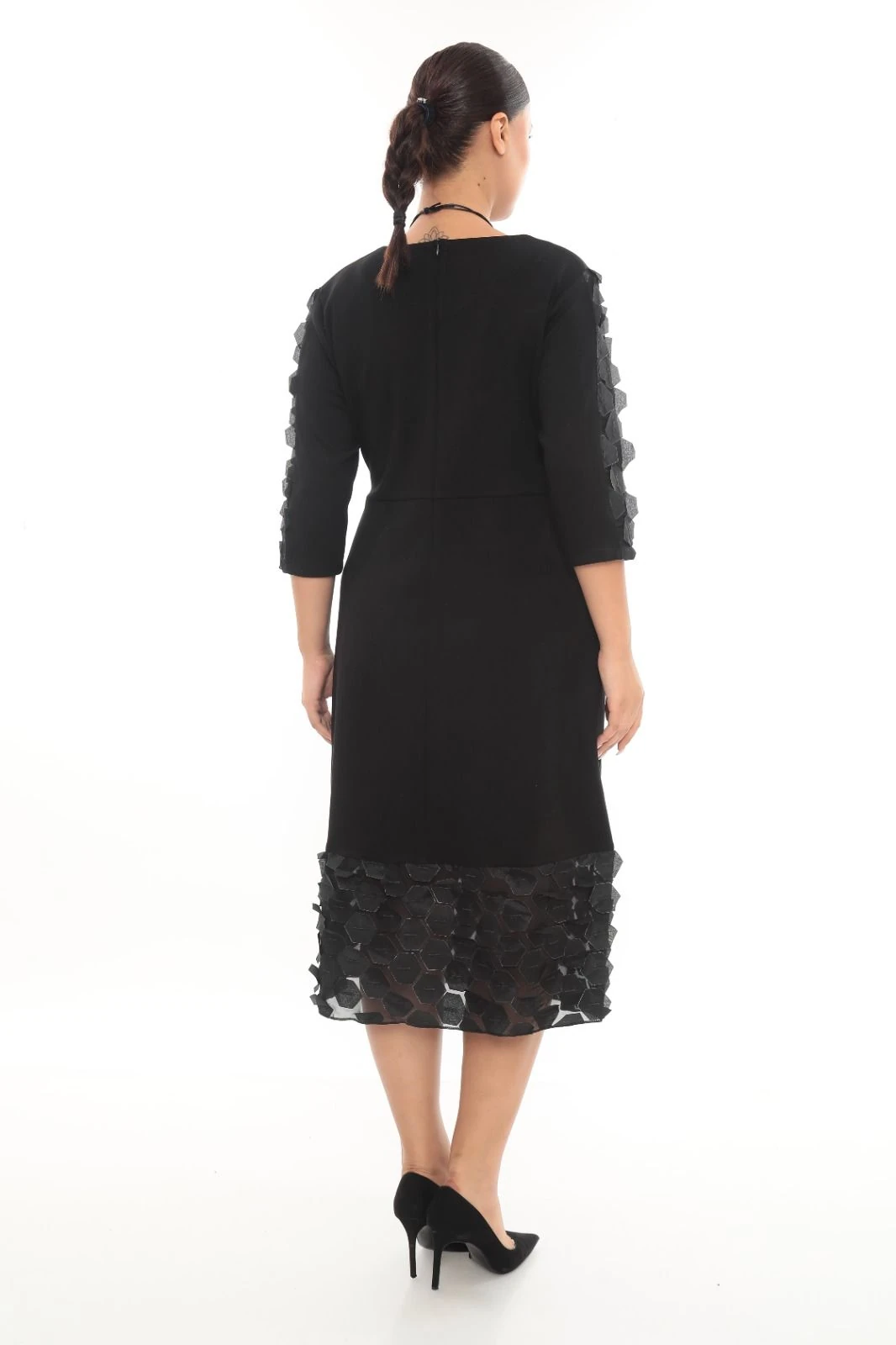 3D DETAYLI MİDİ BOY ŞIK ELBİSE ETS7215